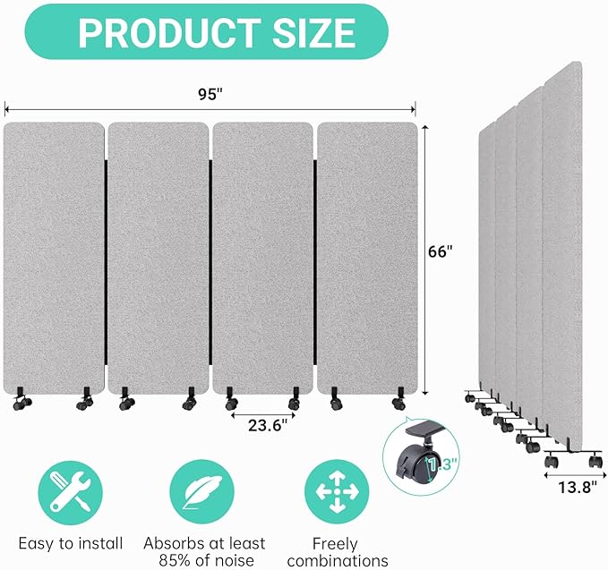 Soundproof Room Divider W/Wheels, 66in Office Dividers for Sound Proofing & Reducing, Sound Proof Dividers for Office Partitions Portable Temporary Wall Acoustic Wall Divider (Dark Grey, 4 Panel)