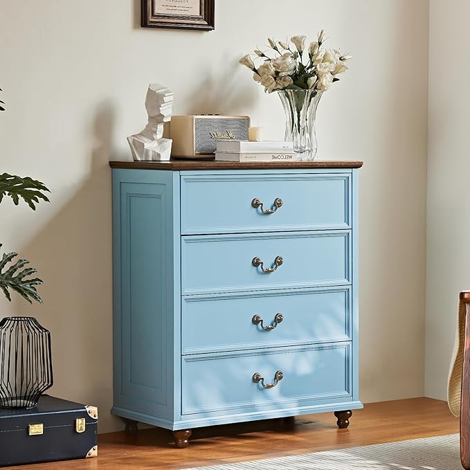 Farmhouse 4 Drawer Dresser for Bedroom, 37" Tall Rustic Chests of Drawers w/ 4 Solid Wood Feet, Mid Century Modern Wooden Closet Storage Dressers Organizer for Living Room, Hallway, LightBlue