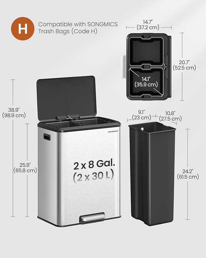 SONGMICS Trash Can, 2 x 8 Gallon (2 x 30 L) Double Garabge Can for Recycling and Waste, Stainless Steel, Soft-Close Lid, Inner Buckets, Wide Sturdy Pedal, Metallic Silver ULTB556E01
