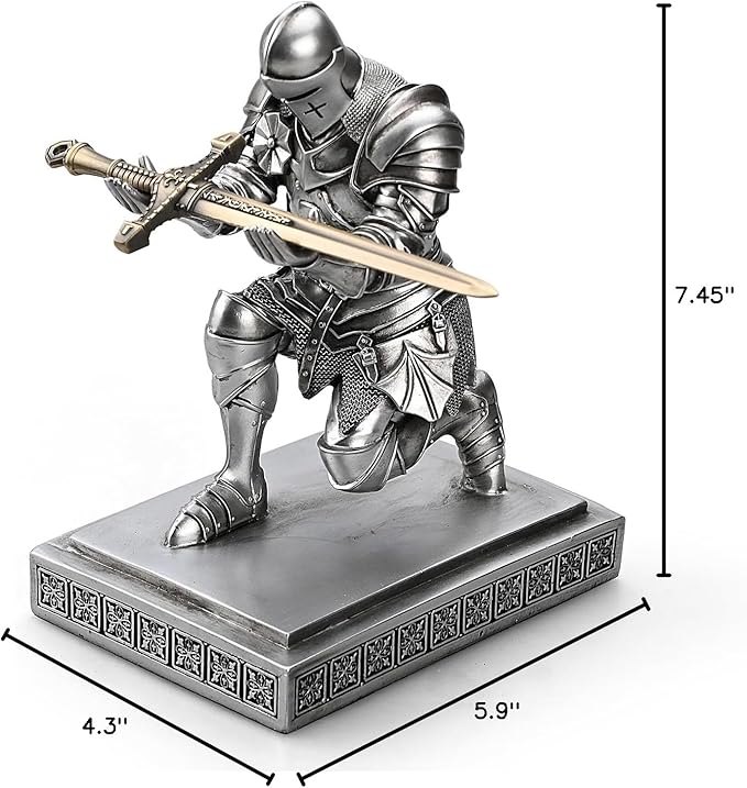 Medieval Armored Warrior Knight Pen Holder Desk Organizers and Accessories Resin Pencil Holder Paperweight as Gift with a Cool Letter Opener for Desk (Silver)