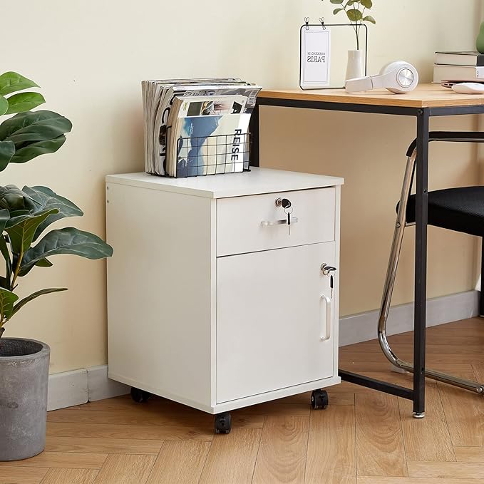 TUKAILAi Mobile File Cabinet with Lockable Drawer & Door, Under Desk Rolling Filing Cabinet with 4 Wheels, Wooden Stationery Storage Cabinet for Home Office (White)