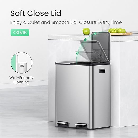 Cesun Kitchen Trash Can, 8 + 8 Gallon Dual Trash and Recycle Bin Combo, 2 Compartment Stainless Steel Kitchen Garbage Can with Lid, Removable Inner Buckets, Soft Close, Odor Filter, 30L+30L