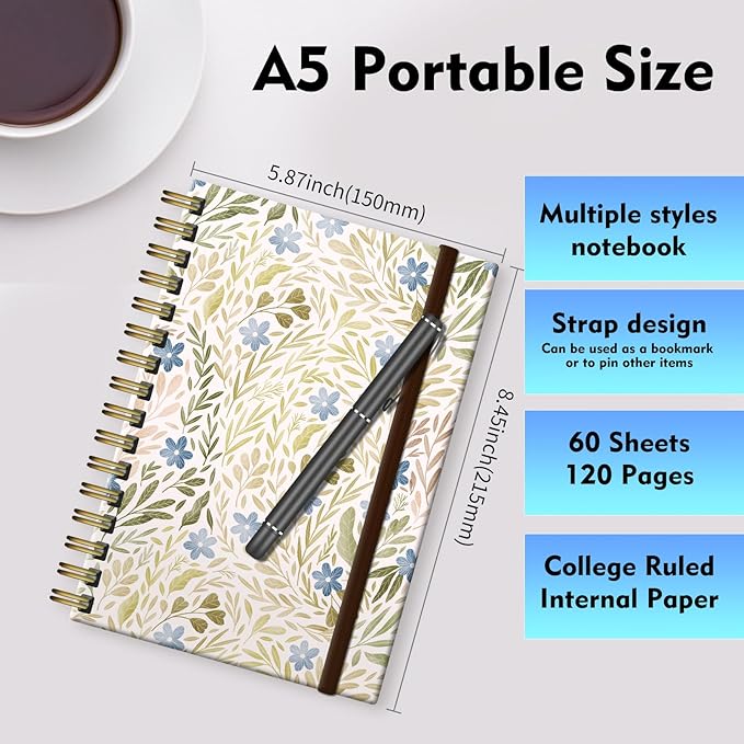 Spiral Journal Notebook, A5 Cute Notebooks for Women Men, College Ruled Hardcover Notebook for Work & Note Taking, 60 Pages Double-Wire Journals for Writing, Boho Leaf