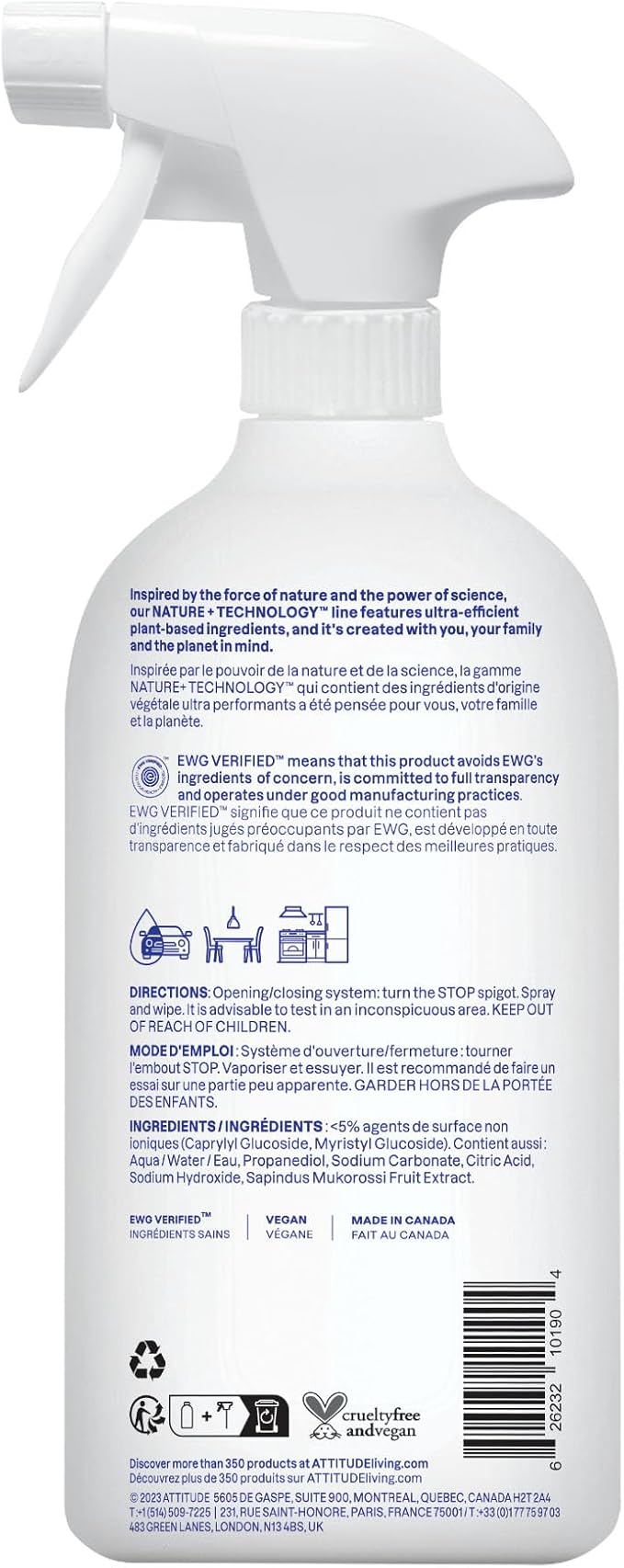 ATTITUDE All Purpose Cleaner Spray, EWG Verified, Vegan, Made with 94% Plant-Based Ingredients, Streak-Free for Kitchen, Bathroom, Glass & More, Unscented, 27.1 Fl Oz (Pack of 3)