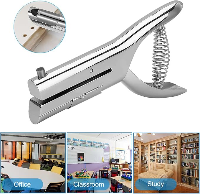 Single Hole Punch 2 Inch Reach Deep Throat Heavy Duty Tab Zinc Alloy Silver Long 1/4 Inch Hand Held Leather Punch for Scrapbook Paper ID Card PVC Badge Photos