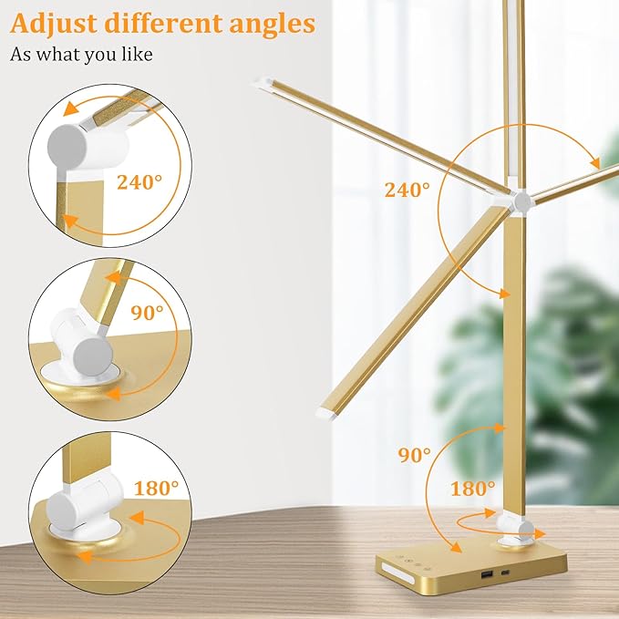 LED Desk Lamp with USB Ports,Touch Desk Lamps for Home Office with 5 Color Modes,3 Brightness Desk Light with Small Night Light,Reading Lamp Table Lamp for Bedroom Bedside Study Gold (with adapter)