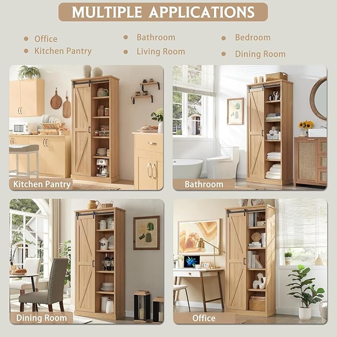 72” Tall Farmhouse Bookshelf, 32” Wide Large Wooden Bookcase w/Sliding Barn Door, 5-Tier Storage Cabinet with Adjustable Shelves, Modern Versatile Cabinet for Living Room, Offices, Natural Oak