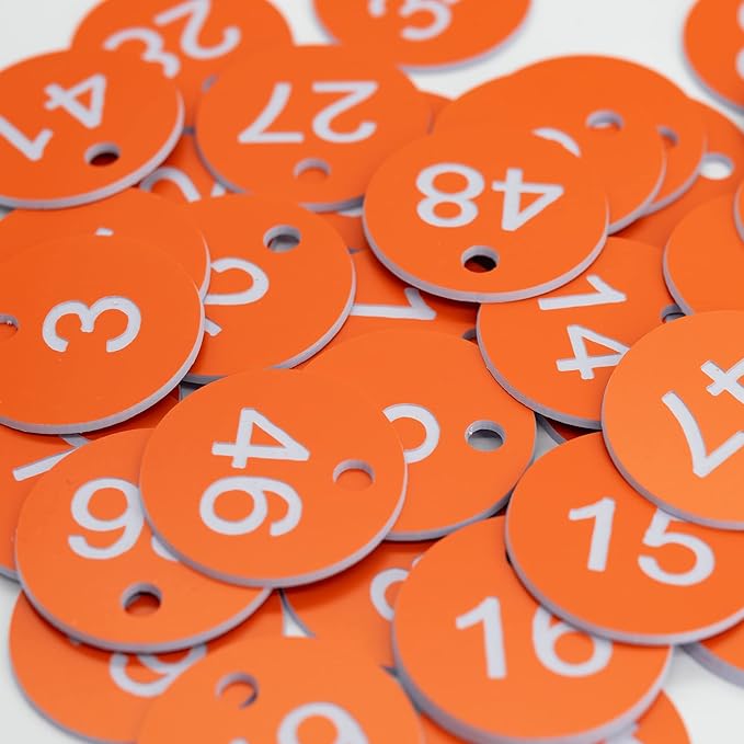 StayMax Plastic ID Number Tags Engraved Tags Key Tags Without Key Rings (1-50, Orange)