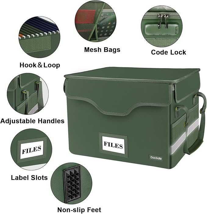 DocSafe File Box Fireproof Document Box with Lock,File Storage Organizer Box with Mesh Inserts&Zipper Lid,Collapsible Portable File Box Home Office File Cabinet with Handle for Hanging Folders,Green