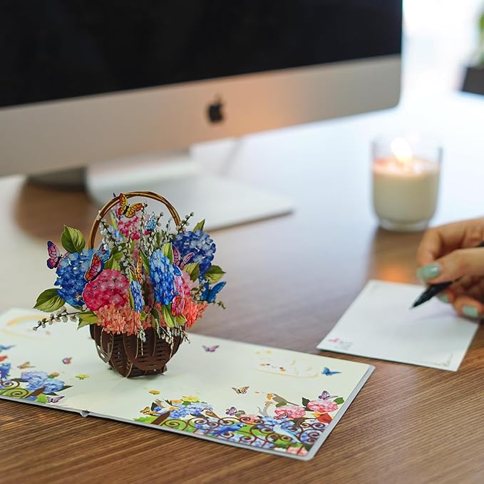 Hydrangea Basket Pop Up Card - Thank You, Birthday, Thinking of You, Get Well, Valentine's Day, and Mother's Day Greeting Cards for Women, Girlfriend, Mother, Sister, Grandmother