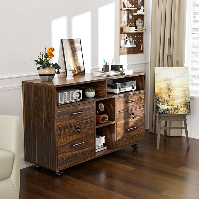 VINGLI Dark Brown Wood Lateral File Cabinet with Lock, 4 Drawer & 4 Open Shelves, Rolling File Cabinet for Home Office, Letter Sized