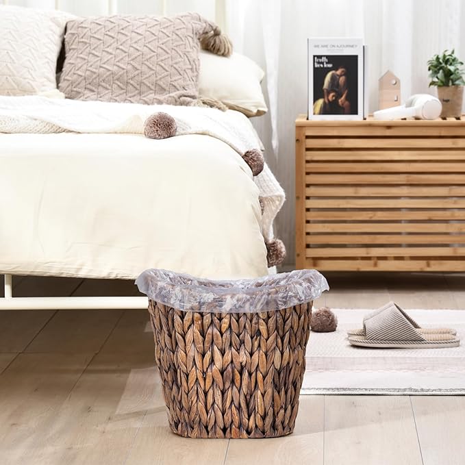 FairyHaus Wicker Waste Basket with Handle, Hand-Woven Water Hyacinth Trash Can for Bathroom Bedroom, Brown Wicker Storage 13 x 7.5 x12.2