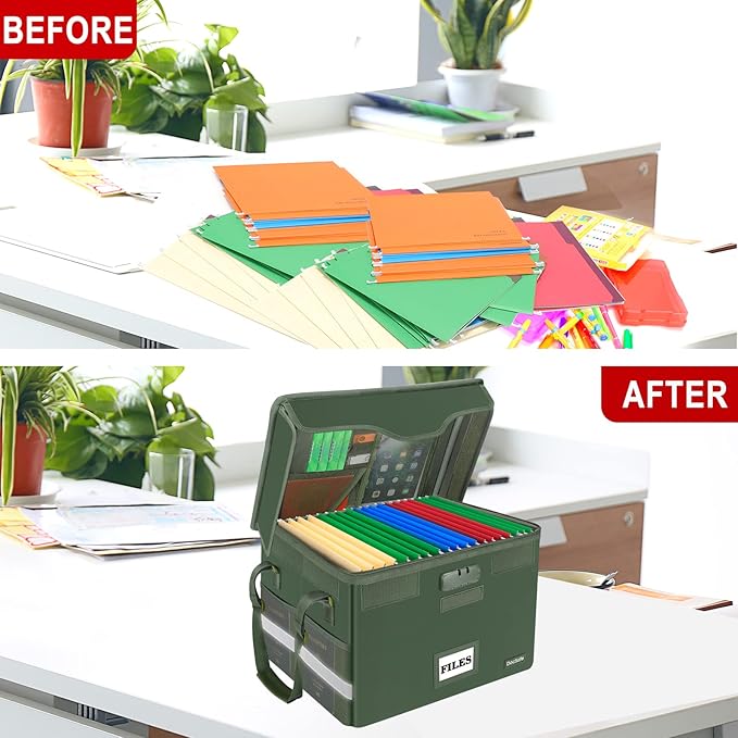 DocSafe File Box Fireproof Document Box with Lock,File Storage Organizer Box with Mesh Inserts&Zipper Lid,Collapsible Portable File Box Home Office File Cabinet with Handle for Hanging Folders,Green