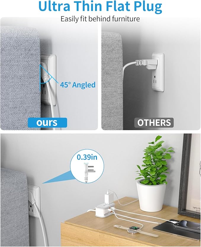 BEVA Travel Power Strip, Flat Plug Power Strip with Retractable USB C Cable, 5 FT Short Extension Cord with 2 AC Outlets 3 USB Ports(1 USB C), Small Portable Travel Accessories, Cruise Ship Essentials