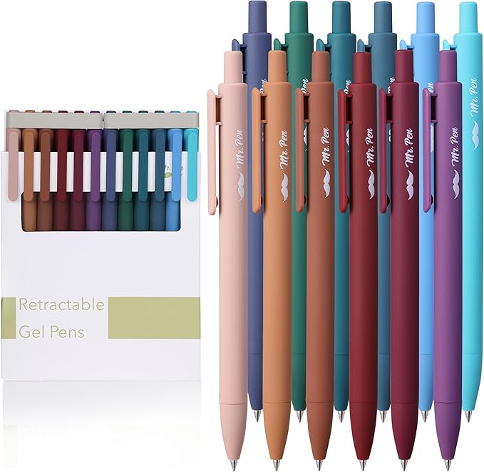 Mr. Pen- Retractable Gel Pens, 12 Pack, Dark Vintage Gel Pens, Gel Pens Fine Point 0.7mm, Retractable Pens, Cute Pens, Gel Ink Pens, Aesthetic Pens for Journaling Fine Tip Pens