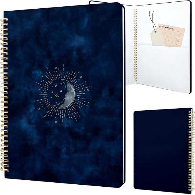 Cute Spiral Notebook journal A4 Aesthetic Pretty Design for Women Girls Kawaii with Pocket, 8.5 x 11 inch, Lined, Blue Moon