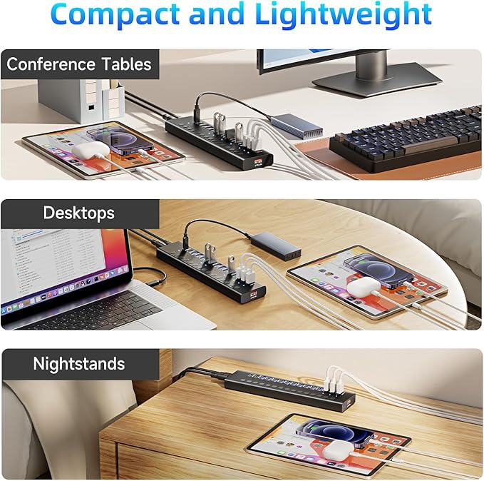 Powered USB 3.0 Hub, 16-Port USB C Hub Splitter (10 USB 3.0+2 QC 3.0+2 Smart Charging+2 USB-C 3.0) with Individual Switches, 12V 7.5A 90W UL Certified Power Adapter for Laptop, Mac, PC, Computer