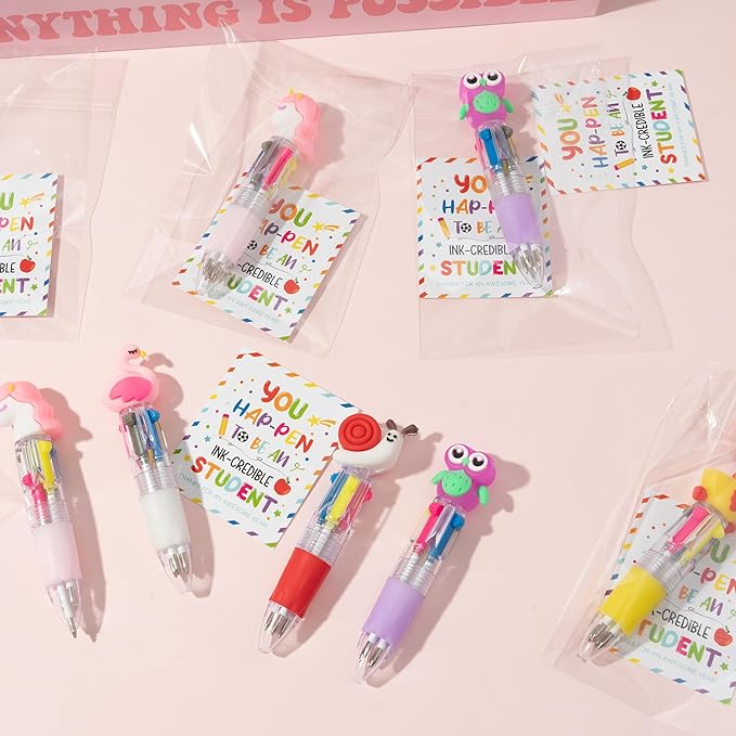 ANGOLIO 84Pcs End of Year Student Gift Includes Cute Cartoon 4 in 1 Multicolor Retractable Ballpoint Pen with Gift Cards for Kindergarten Party Gifts Bulk for School Exchange Gift