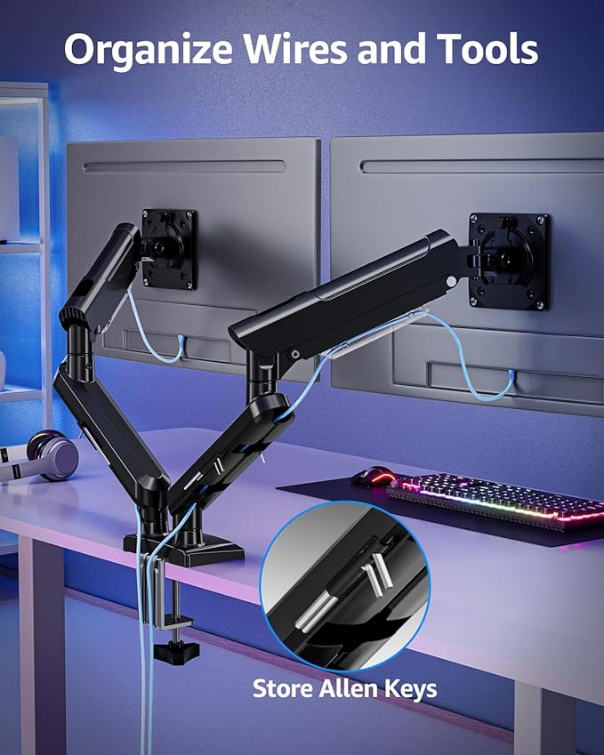 Dual Monitor Mount for 32 27 24 22inch Screens, Gas Spring Monitor Stand for 2 Monitor, Full Adjustable Monitors Desk Mount with C-Clamp&Grommet Base, Each Arm Holds 4.4-22 lbs, Freelift Pro Black
