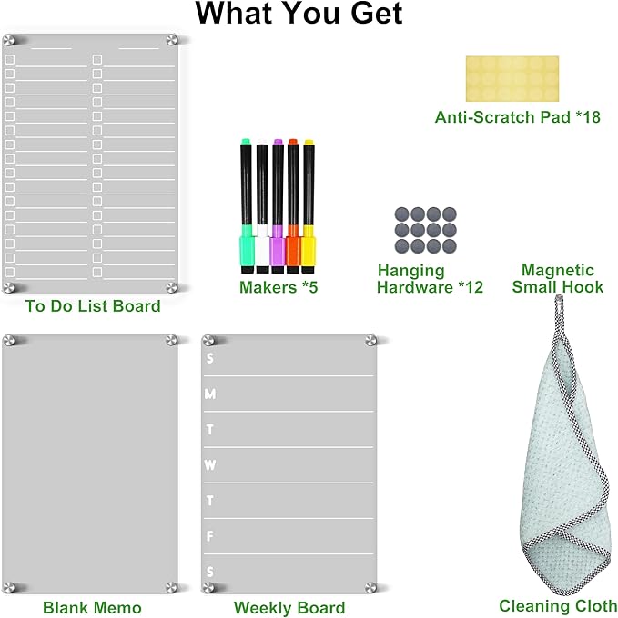 Acrylic Magnetic Dry Erase Board for Fridge 3 Pcs, Clear Fridge Whiteboard to Do List White Board for Refrigerator Weekly Meal Planner Menu Board for Kitchen Fridge Calendar Magnet