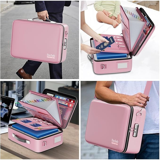 DocSafe Fireproof Document Box with Lock&Shoulder Strap,Hard Case File Organizer with Accordion File Folder,Multi-Layer Portable Home Office Travel Safe Storage for Important Documents Laptop Pink