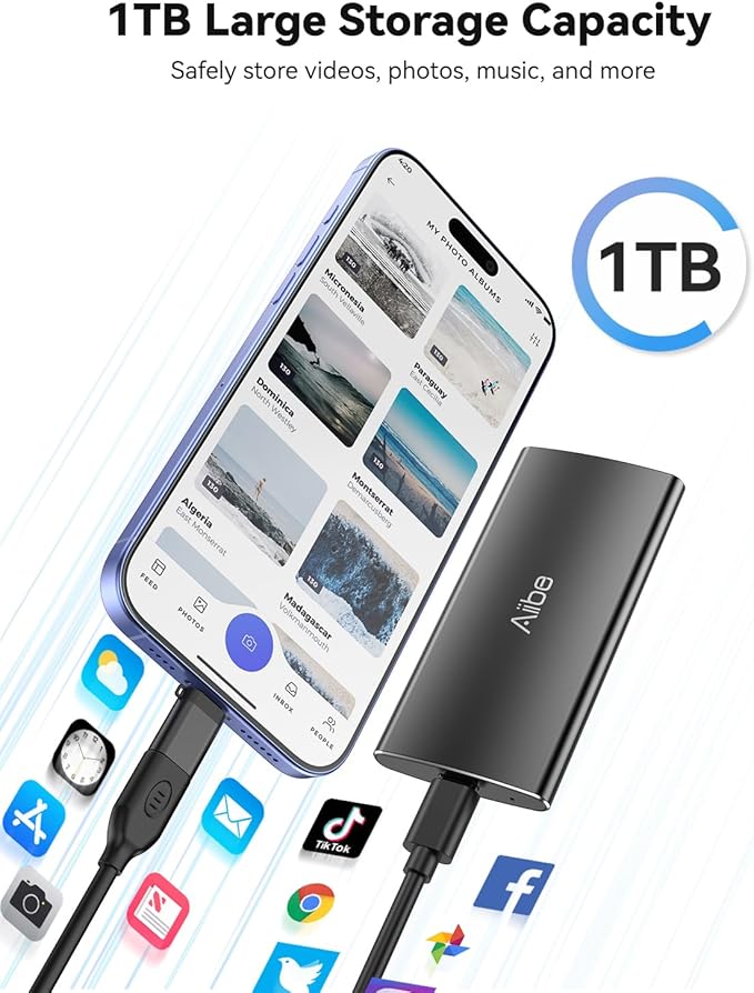 Aiibe 1TB External SSD USB C Portable SSD USB 3.2 Gen 2, Up to 1050MB/s, External Solid State Drive 1TB External Hard Drive for iPhone 16/15, Laptop, Mac and PS5 (Black)