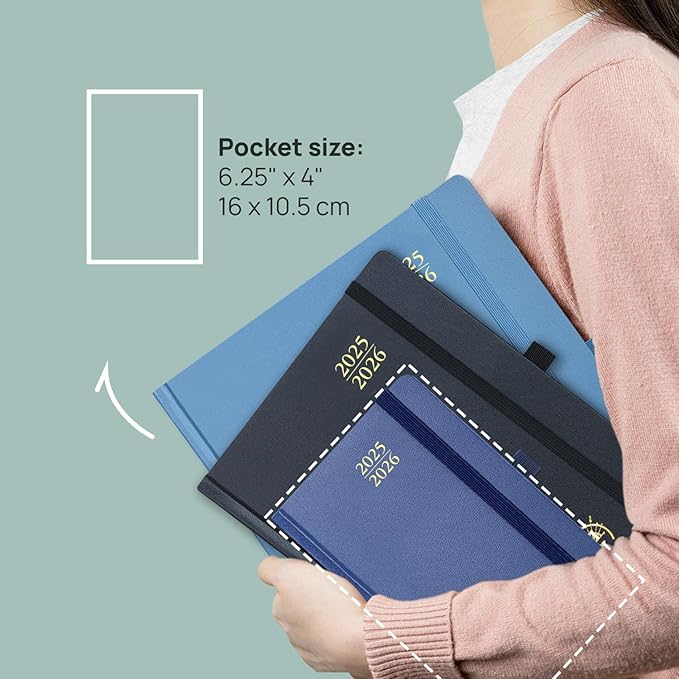 POPRUN Pocket Planner 2025-2026, (Purse Size 4''x 6.25'' Hard Cover) Academic Year Calendar Daily Weekly and Monthly (July 25-June 26) with Hourly Time Slots, 100 GSM Paper - Pacific Green
