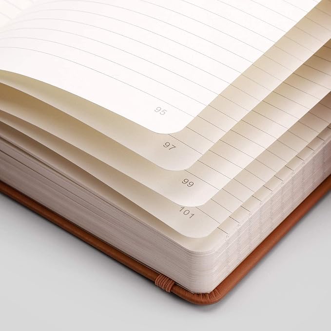 EMSHOI Lined Journaling Notebooks - 120gsm Thick Leather Journal with Sticky Notes, 256 Numbered Pages A5 Hardcover College Ruled Notebook for Women Men Work School Writing, 5.75" x 8.38"-Brown