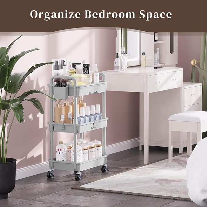 Rolling Utility Cart with Drawer 3 Tier, Utility Storage Organizer with Plastic Shelf & Lockable Wheels Multifunctional Storage Cart for Kitchen, Bathroom, Office, Living Room, Gray
