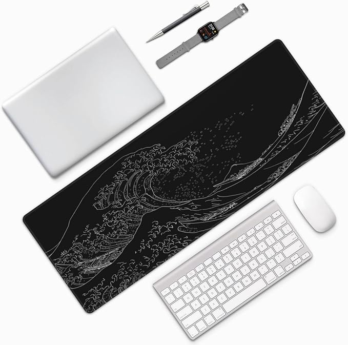 Extended Gaming Mouse Pad, Large Gaming Mouse Waterproof with Stitched Edges, Non-Slip Desktop Pad for Home and Office, Level Up Your 31.5x11.8 Inch⦠(Black Wave)