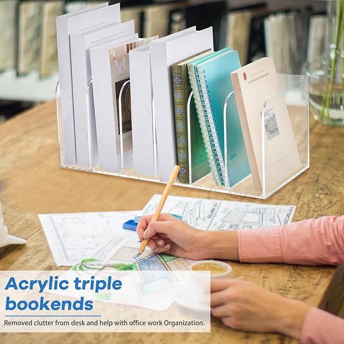 Suzile Clear Acrylic Magazine File Holder with Vertical Compartments Desk Organizer Book Rack for Desk Sorter Paper Folder Office Accessories(Clear,16.1 x 7.2 x 6.5 Inch)