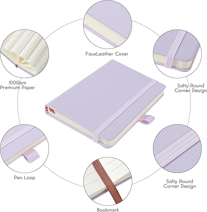 Animusphere 2Pack Pocket Notebook Small Notebook Journal Notebook 4 inches x 5.7 inches 200 Pages Leather Cover With Pen Holder Page Marker Ribbons (Purple)