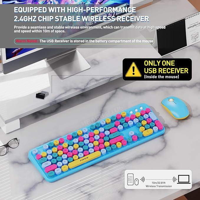 Keyboard and Mouse Wireless,Cute Retro Wireless Keyboard Mouse Combo with Round Key,2.4Ghz Dropout-Free Connection,Typewriter Wireless Keyboard Mouse Set for PC Laptop Desktop Computer-Blue Colorful