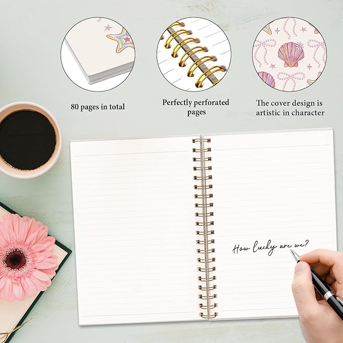 JXREQ Coquette Pink Bow Seashell Notebook Journal for Women, Preppy Aesthetic Journaling Notebooks for Note Taking, Girly Office Supplies, Trendy Beachy Spiral Notebooks 5.5x8.3