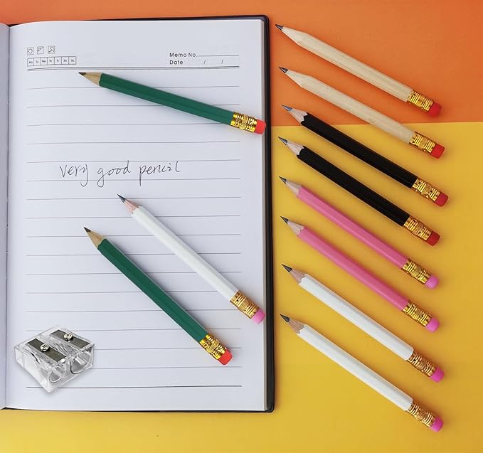 Adhere 25pcs Golf Pencils with eraser Hexagon Wooden Pencils Graphite 2B for Golf Event Scoring,Classroom,Wedding,Company Meetings,Pew, Pocket (Black・White・Green・Pink・Nature・50pcs)