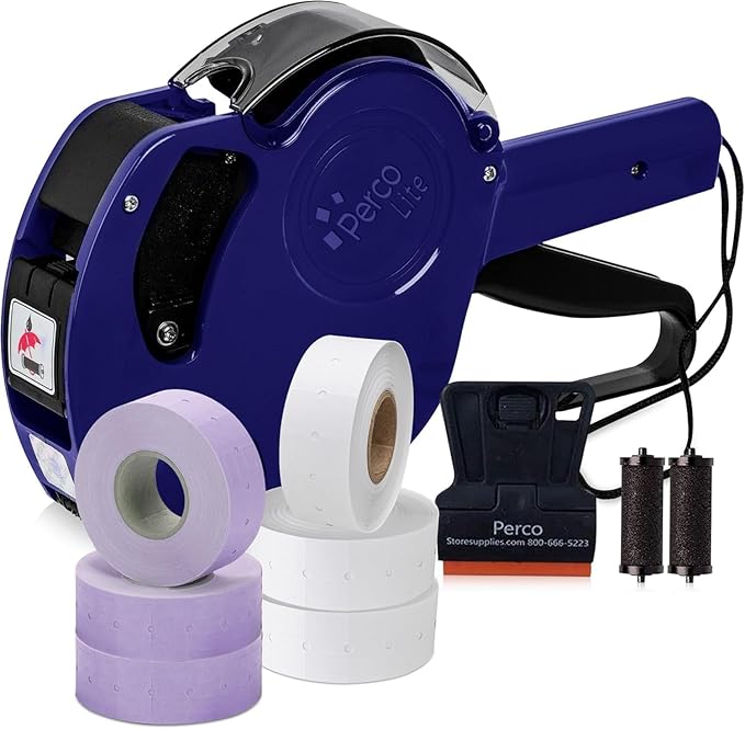 Perco Lite 1 Line Price Gun with Labels Kit - Includes 3 White Rolls, 3 Purple Rolls, 2 Ink Rollers, 1 Ink roll and Labels Pre-Loaded