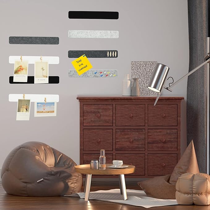 8Pcs Bulletin Board Strips, Black White Grey Felt Pin Board Bar Strips with 50 Pushpins, Self-Adhesive Felt Cork Board Strips for Wall to Display Your Notes, Photos, Schedules, Announcements