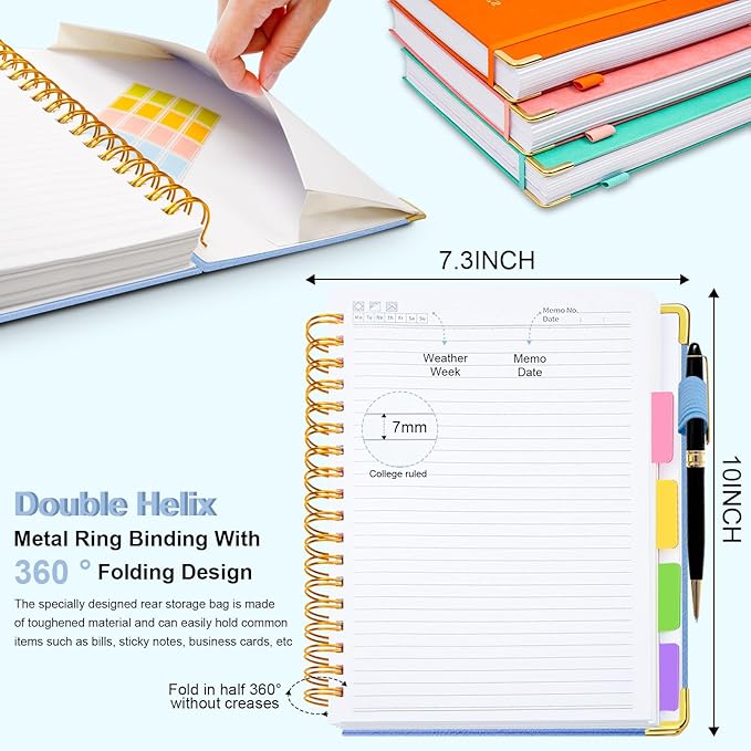 Hardcover Spiral Notebook 8"x10" Journal Notebook with Tabs and Removable Dividers 300 Pages 5 Subject Notebook College Ruled, Faux Leather Spiral Bound Notebook for Women, Students, School Work (Lake Blue)