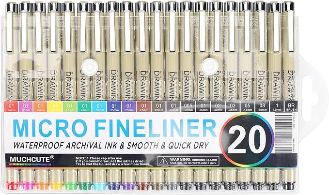 Muchcute Micro Fineliner Drawing Art Pens: 20 Set (12 Colors & 8 Black) Extra Fine Line Waterproof Ink Artist Supplies Archival Inking Ultra Thin Markers Sketch Sketching Watercolor Zentangle Stuff