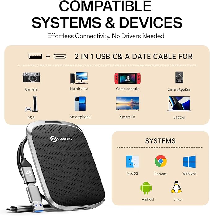 PHIXERO P5PLUS Portable SSD 1TB Up to 550MB/s, USB 3.2 Gen 2 External Solid State Drive,USB C to C&A for Smartphone,Tablet,PC,Labtop (Black)
