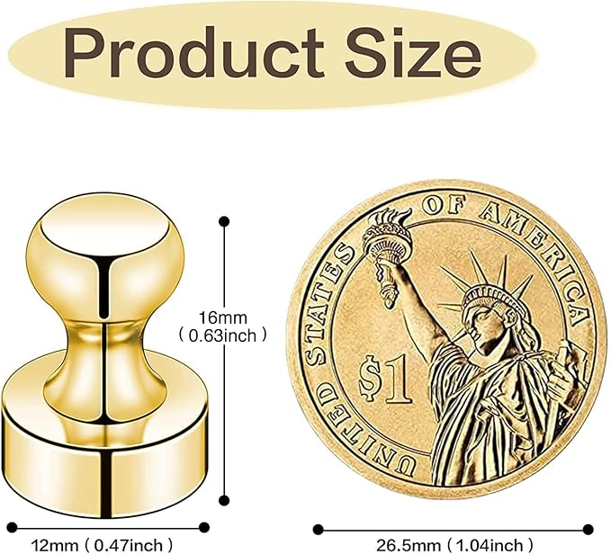 LOVIMAG Refrigerator Magnets, Fridge Magnets, Strong Whiteboard Magnets, Gold 25 Pcs Magnetic Push Pins, Strong Metal Magnets for Fridge, Whiteboard, Office, Classroom, Map, Kitchen