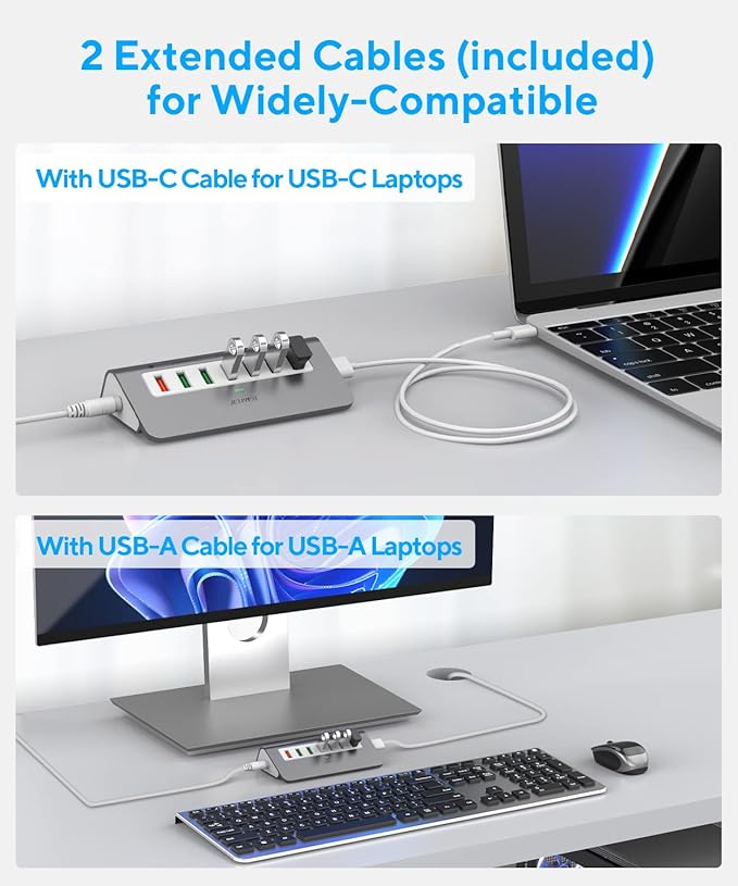 Powered USB-C 7-Port Hub, USB 3.2 Gen 2 Adapter - 4x 10Gbps Data, 3x 3.3ft Charging Ports, 30W Power Adapter for Laptop, PC, MacBook