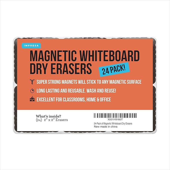 IMPRESA 24-Pack of Premium Magnetic Dry Erase Erasers/Dry Erasers - 2" x 2" - Whiteboard Erasers for Classroom, Home and Office