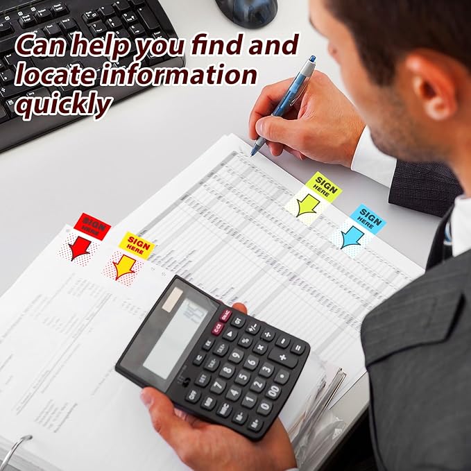 500pcs Sign Here Stickers, Arrow Labels Stickers Adhesive Sign Here Tabs Sign Post Here Flags for Documents Notebooks Home Office School Supplies (4 Colors)