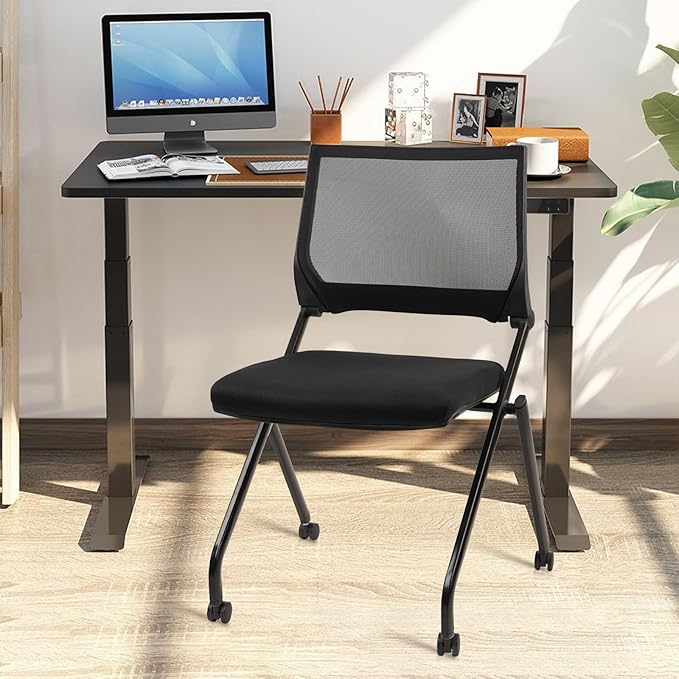 CLATINA Stackable & Foldable Conference Room Chairs, Waiting Room Chairs with Wheels & Lumbar Support, Ergonomic Mesh Bouncing Back Folding Chair for Office Meeting Schools Training Room, Black(2pk)