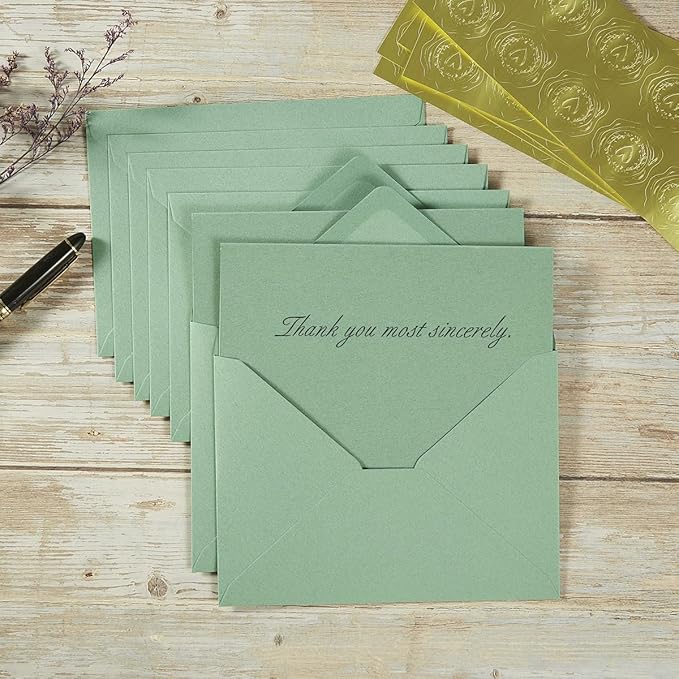 50 Pack Sage-Green A7 Envelopes with Cards 5x7 Thick Folded Cardstock and Gold Stickers for Greeting Cards, Wedding, Birthday, Invitations, Baby Showers (Sage-Green, 5x7)