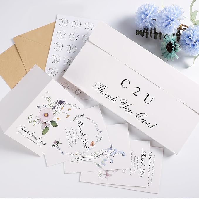 C2U Funeral Thank You Cards with Envelopes(20 Pack 4"x6"),Stickers & Message Inside - Wildflower Bereavement Sympathy Thank You Cards for Funeral Family Friends Loved Ones