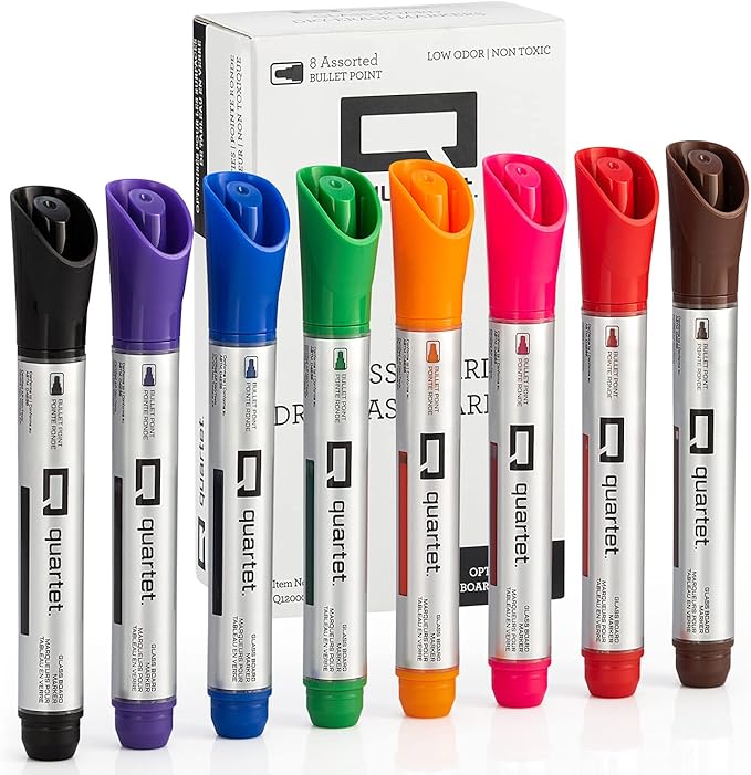 Quartet Dry Erase Markers, Glass Whiteboard Markers, Bullet Tip, White Board Dry Erase Pens, Assorted Colors, 8 Pack (Q120000GBA)