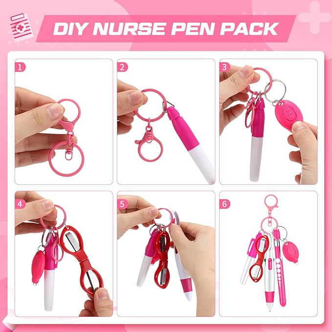 6 Pcs Nurse Pen Set Include Permanent Marker Pen Retractable Ballpoint Pen Keychain Clip Foldable Scissors Lights LED Flashlight Keychain for Nurse Accessories(Pink)