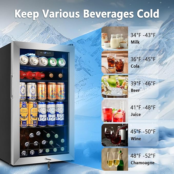 Tylza 130 Can Beverage Refrigerator Cooler, 3.22 Cu.Ft Beverage Cooler with Low-E Glass Door, Safety Lock, Beverage Fridge for Soda, Beer, Wine, Mini Fridge for Home, Office, Bar, Bedroom, Silver